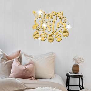 Golden mirror acrylic Happy Easter wall sticker with rabbit ears and egg details