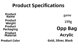 Specifications table for Game acrylic wall stickers showing size, weight, and colors