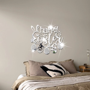 Detail showing silver mirror Happy Easter wall sticker with rabbit ears above bed
