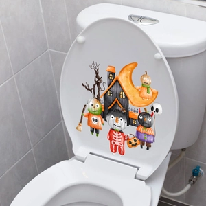 Halloween toilet seat cover sticker featuring cartoon scarecrow, pumpkin and ghost