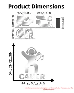 Size guide for mirror acrylic gamer wall decor showing 54.3x44.2cm dimensions