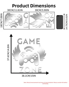 Size chart for Game Zone 3D mirror wing wall stickers showing 15x14.8 inch dimensions