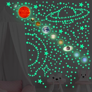 Luminous solar system wall stickers with glow-in-the-dark planets and stars for bedrooms