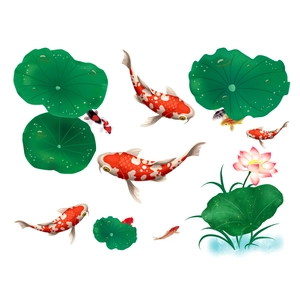 Detail view of koi fish and lotus wall decals with realistic hand-painted texture