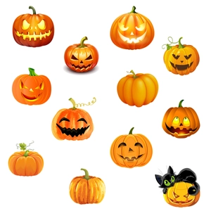 Halloween pumpkin wall stickers set with cute cat and carved Jack-o'-lantern faces