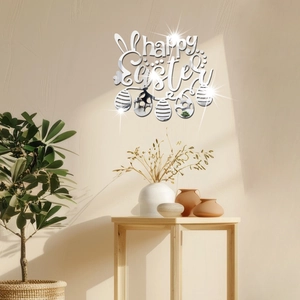 Silver mirror acrylic Happy Easter wall decal with rabbit ears and egg design