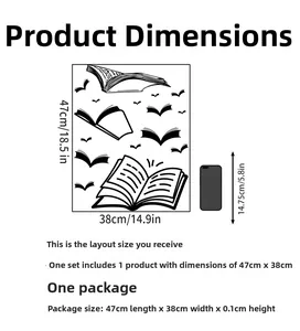 Detailed size chart showing black flying book wall sticker dimensions with phone reference