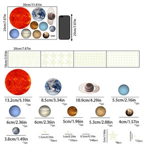Solar system glow in the dark wall stickers showing planets and stars size dimensions