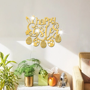 Golden mirror acrylic Happy Easter 3D wall decal with bunny ears and eggs for home decor