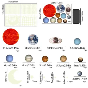 Guide des tailles des autocollants muraux système solaire avec mesures des étoiles