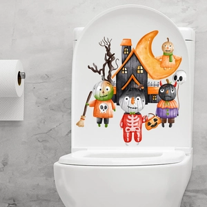 Halloween Toilet Lid Sticker Waterproof PVC Cartoon Pumpkin Skeleton Haunted House Decor For Bathroom Home Party