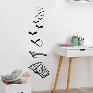 Creative black PVC wall decal featuring books turning into birds for home office decor