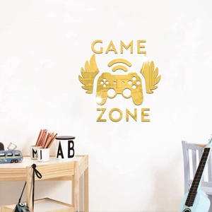 Golden mirror acrylic Game Zone wall sticker with wings in a kids playroom setting