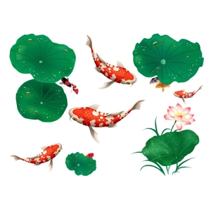 Summer lotus and koi fish wall stickers featuring detailed water lilies and colorful carp
