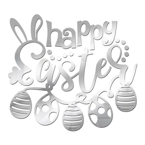 Silver mirror acrylic Happy Easter wall stickers with bunny ears and striped eggs