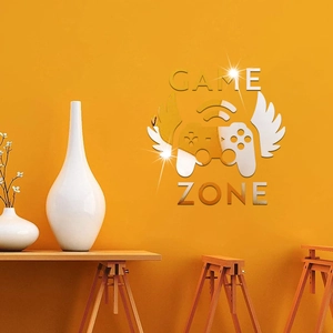 Detailed mirror acrylic Game Zone wall decal with wings and gamepad on orange wall