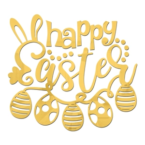 Close-up of golden mirror acrylic Happy Easter wall sticker with eggs and bunny ears