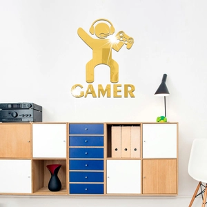 Golden mirror acrylic wall sticker featuring gamer silhouette and GAMER text for home decor