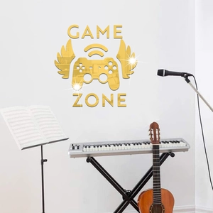 Golden mirror acrylic Game Zone wall decal featuring gamepad and wings for game room decor