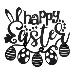 Detailed view of black acrylic Happy Easter wall decor with laser cut eggs and rabbit ears