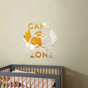 3D mirror acrylic Game Zone wall sticker with wings on a beige bedroom wall