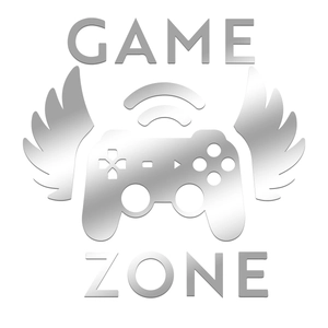 Detailed view of silver mirror acrylic Game Zone wall sticker with wings and controller