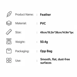 Detailed product specification table for feather PVC wall stickers showing dimensions and weight