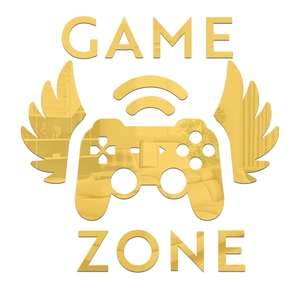 Detailed close-up of golden acrylic mirror game controller wall sticker with wings