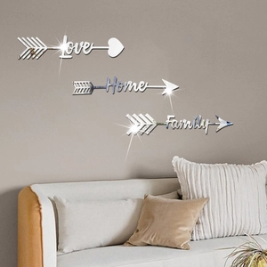 Three-piece silver mirror acrylic wall stickers featuring Love Home and Family arrow designs