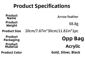Dimensions and material details for Arrow feather acrylic wall decal in various colors