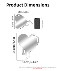 Size guide for silver heart acrylic mirror wall decals with smartphone for scale