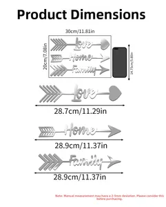 Detailed size specifications for mirror acrylic Love Home Family arrow wall art