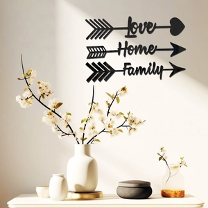 Modern black acrylic mirror wall art featuring Love, Home, and Family arrow designs