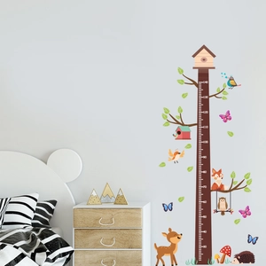 Adesivo murale metro per bambini con animali della foresta e albero decorativo