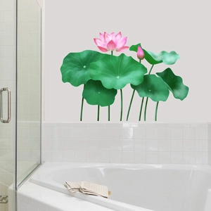Detailed view of pink lotus flower and green leaves wall decals in a modern bathroom