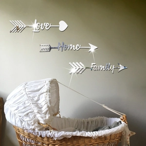 3D silver mirror acrylic wall stickers featuring Love Home Family arrow designs