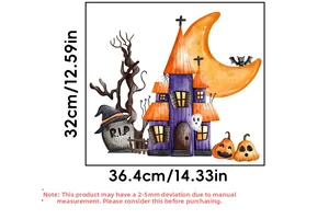 Detailed Halloween wall decal size chart showing 32x36.4cm moon and castle stickers