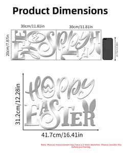Detailed dimensions of silver mirror acrylic Happy Easter wall stickers for decor