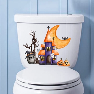 Halloween toilet seat stickers with purple castle, orange moon and pumpkin decorations
