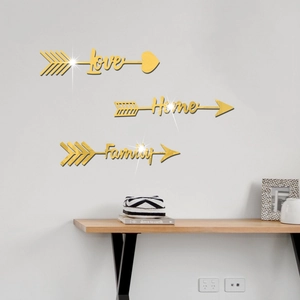 Golden acrylic mirror wall stickers set with Love Home Family text and arrow design