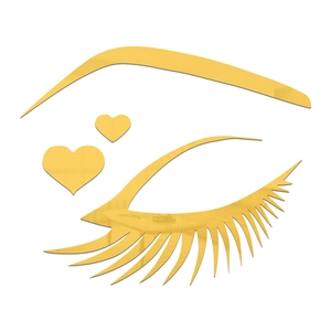 Detail view of gold acrylic mirror wall sticker featuring eye lashes and hearts