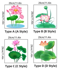 Detail van vier stijlen lotusbloem muurstickers met afmetingen van 29 cm per sticker