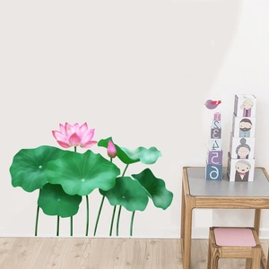 Elegant pink lotus flower and green lily pads wall stickers for home bedroom decor