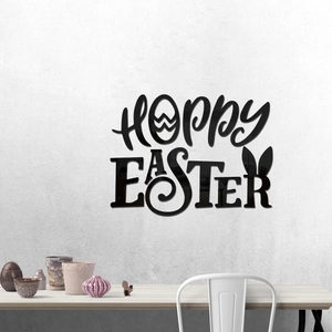Detail of Hoppy Easter black acrylic wall art with bunny ears in a modern living room