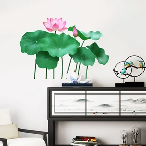 Elegant lotus flower wall decals with pink blossoms and green leaves for home decor