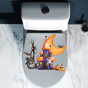 Halloween wall sticker set featuring a purple castle, moon, and pumpkins on a white surface