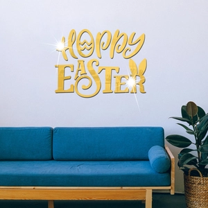 Close-up of golden mirror acrylic Hoppy Easter wall stickers with bunny ears for home decor