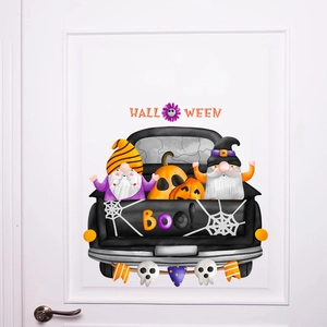 Sticker de porte Halloween avec gnomes et citrouilles dans un camion vintage sur porte