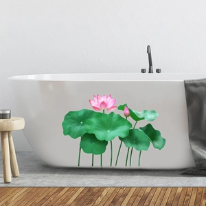 Elegant pink lotus flower and green leaves wall decals on a modern white bathtub
