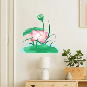 Detailed view of pink lotus flower and green lily pad wall sticker in a cozy bedroom setup